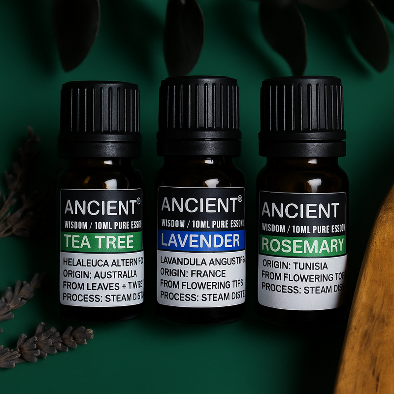 Tres frascos de aceite esencial sobre fondo verde oscuro
