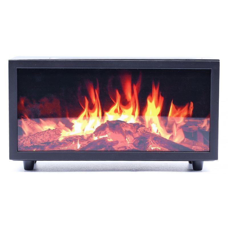 Difusor de aromas negro y rectangular con efecto de chimenea encendida en el frontal