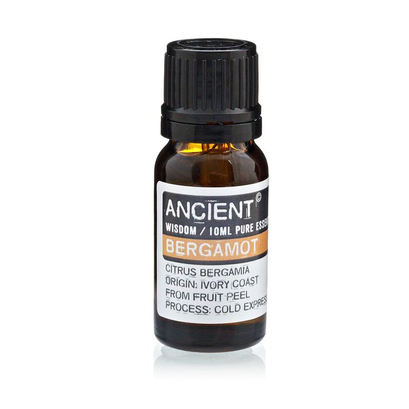 Frasco de cristal ámbar de 10 ml con tapón negro y etiqueta de aceite esencial de bergamota FCF
