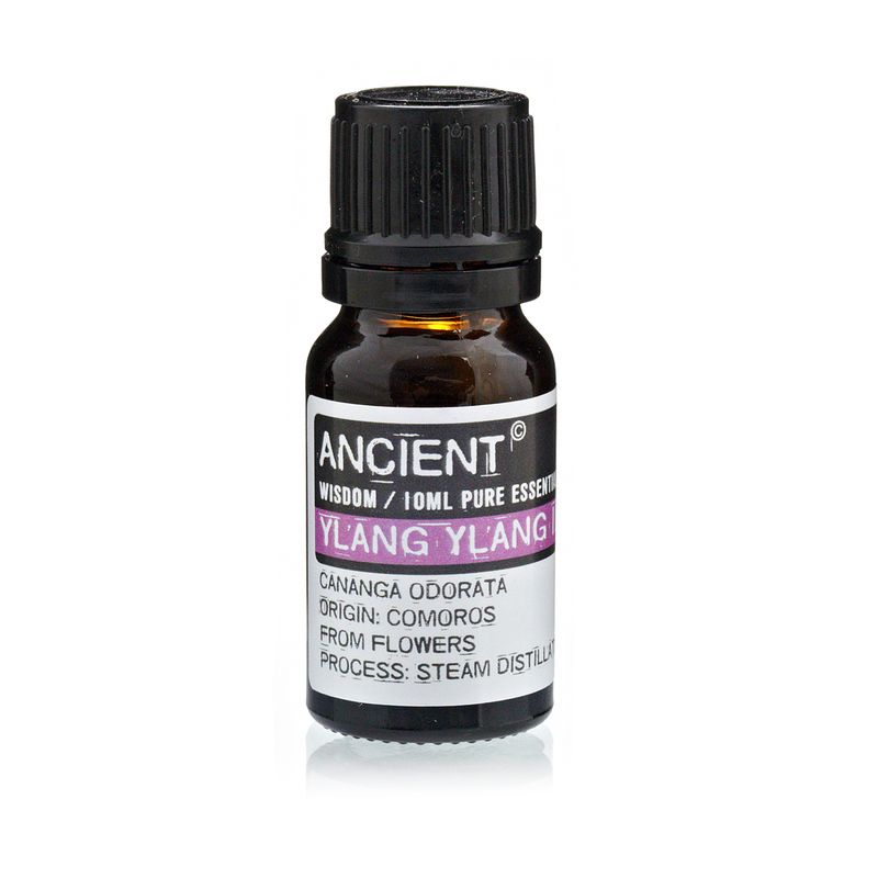 Frasco de cristal ámbar de 10 ml con tapón negro y etiqueta de aceite esencial de ylang-ylang