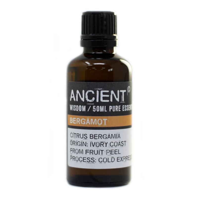 Frasco de cristal ámbar de 50 ml con tapón negro y etiqueta de aceite esencial de bergamota