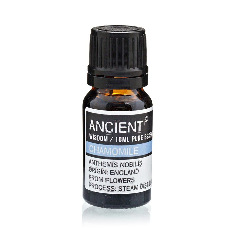 Frasco de cristal ámbar de 10 ml con tapón negro y etiqueta de aceite esencial de manzanilla romana