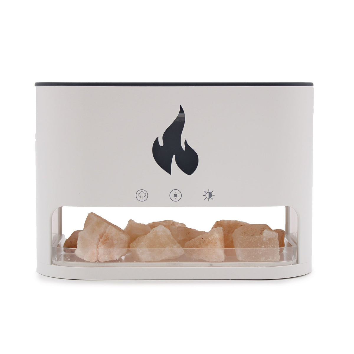 Difusor de aromas blanco con efecto llama en el frontal y fragmentos de sal del Himalaya