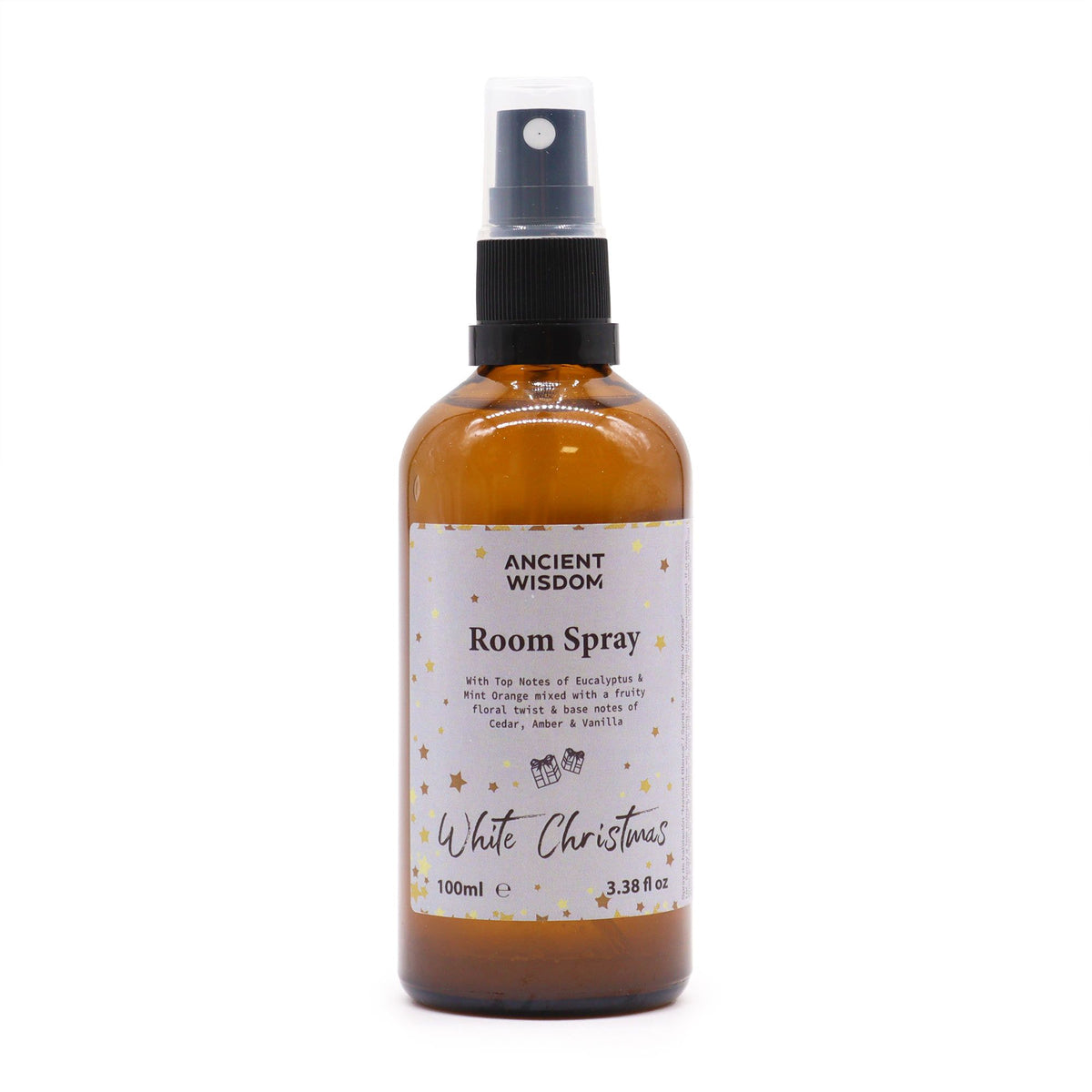 Spray para hogar y almohadas Blanca Navidad en frasco de cristal ámbar con pulverizador negro