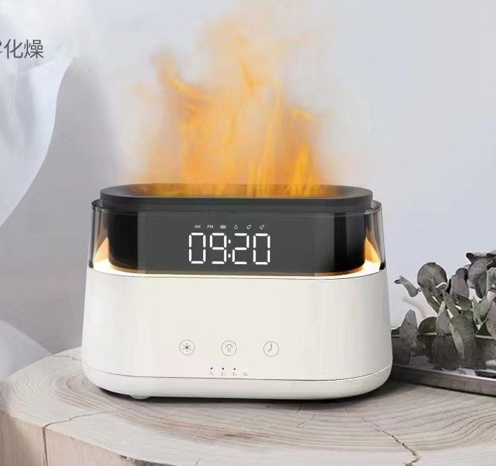 Difusor de aromas con reloj LED y efecto llama · Sal del Himalaya · USB-C