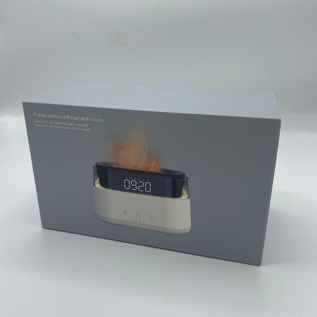 Difusor de aromas con reloj LED y efecto llama · Sal del Himalaya · USB-C