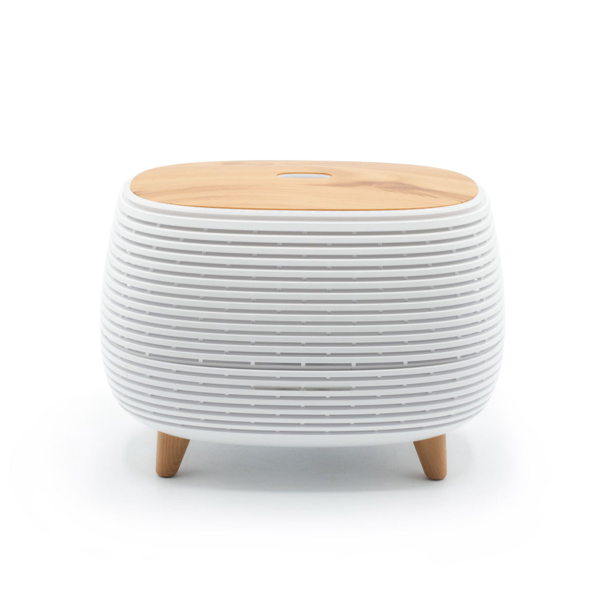 Difusor de aromas blanco con diseño acanalado y parte superior con efecto madera