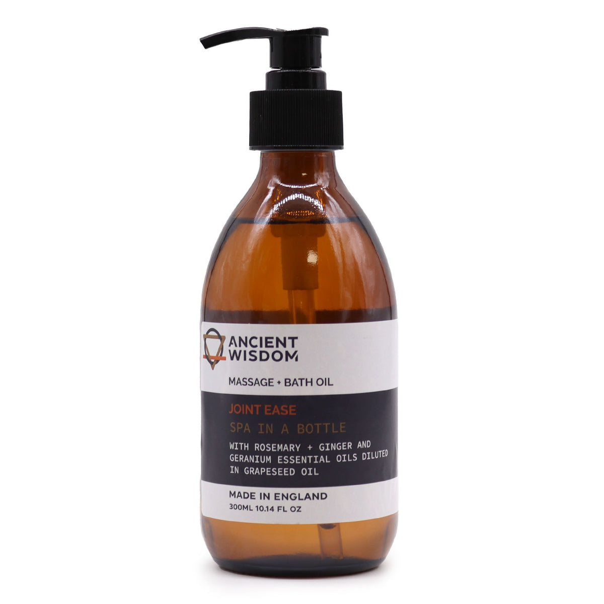 Botella de cristal ámbar con dosificador negro de aceite de masaje y baño Herbal