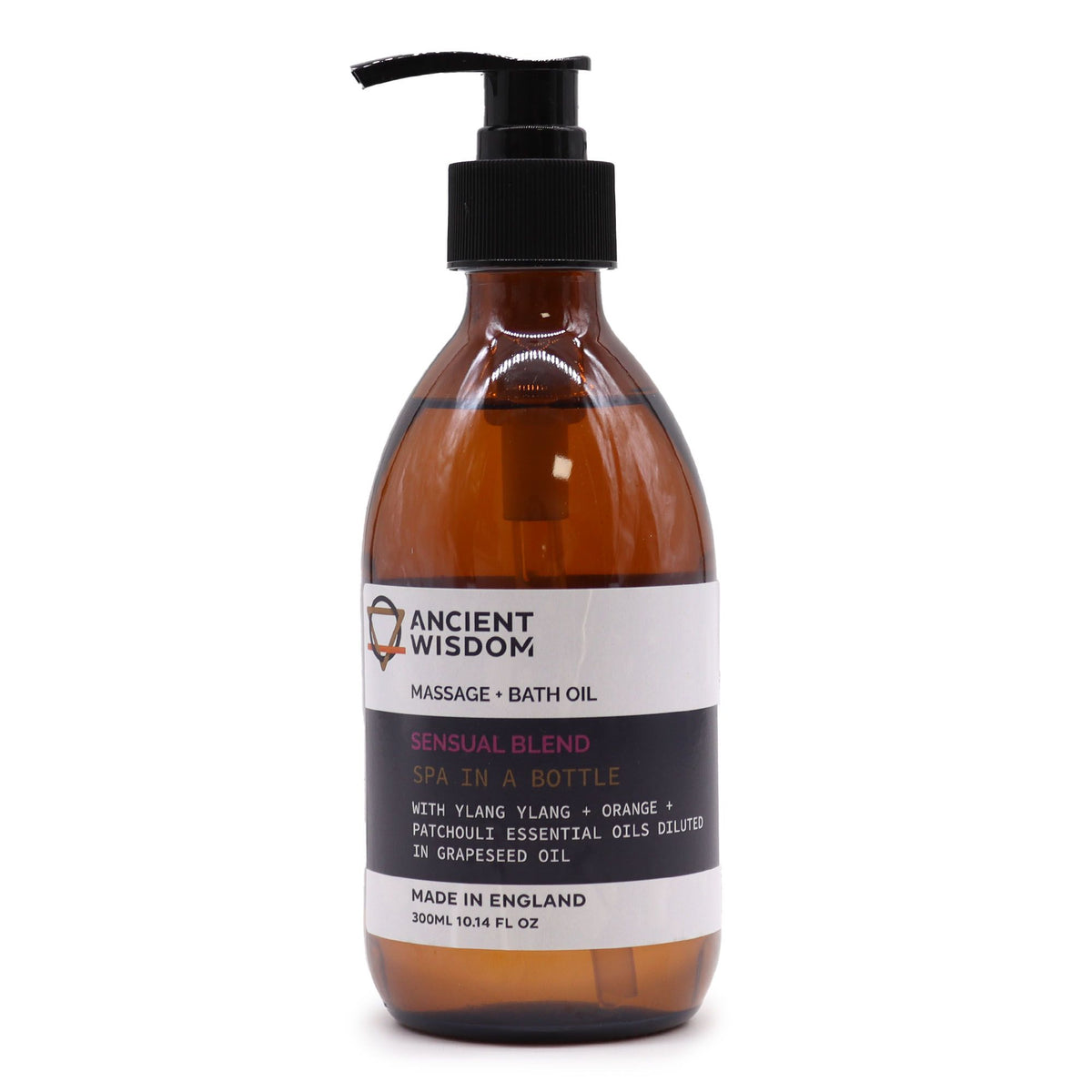 Botella de cristal ámbar con dosificador negro de aceite de masaje y baño Sensual