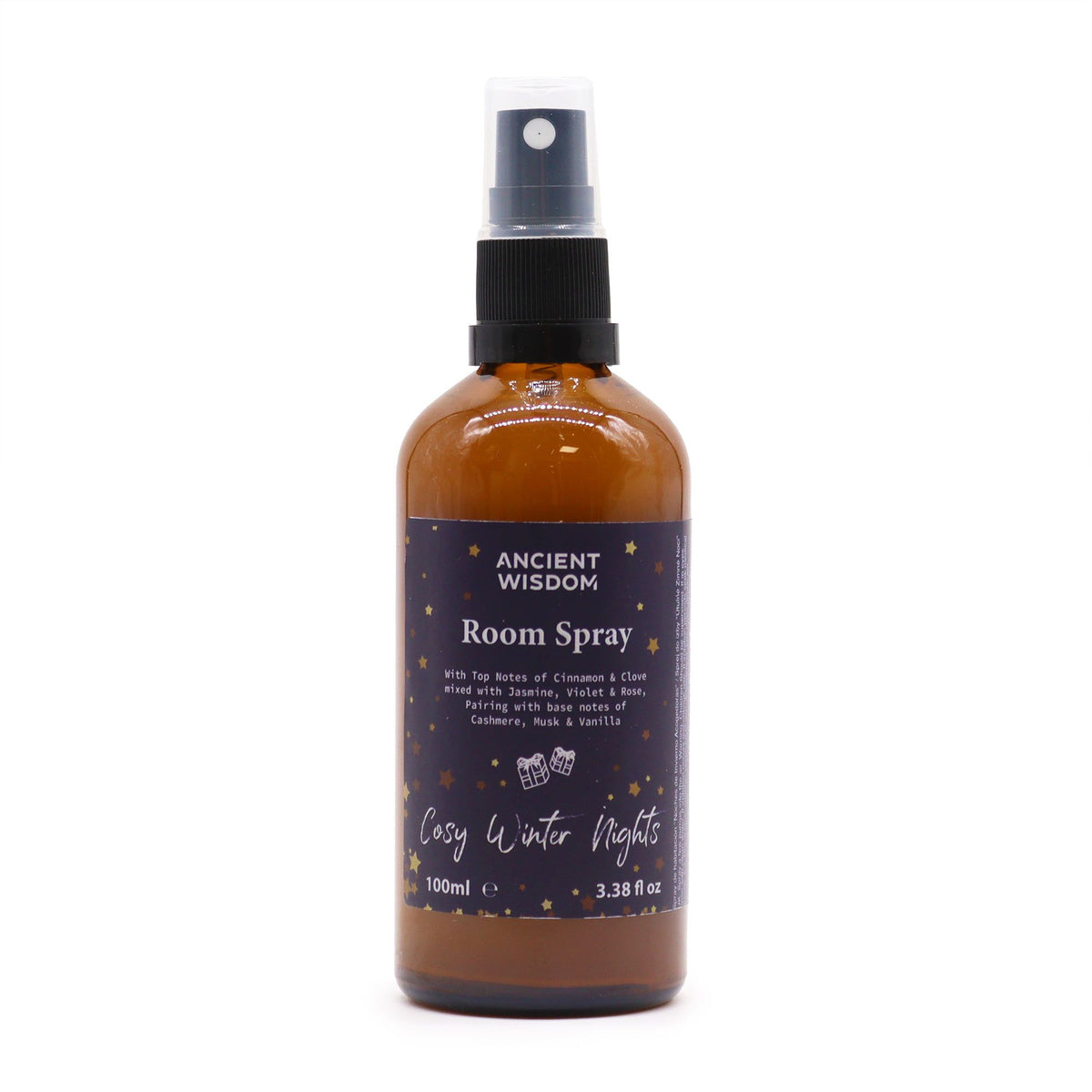 Spray para hogar y almohadas Noches de Invierno en frasco de cristal ámbar con pulverizador negro