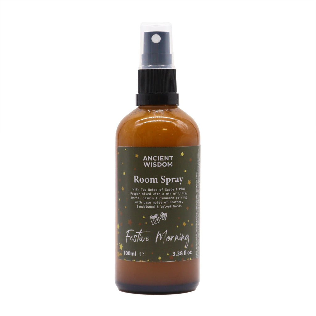 Spray para hogar y almohadas Mañana Festiva en frasco de cristal ámbar con pulverizador negro